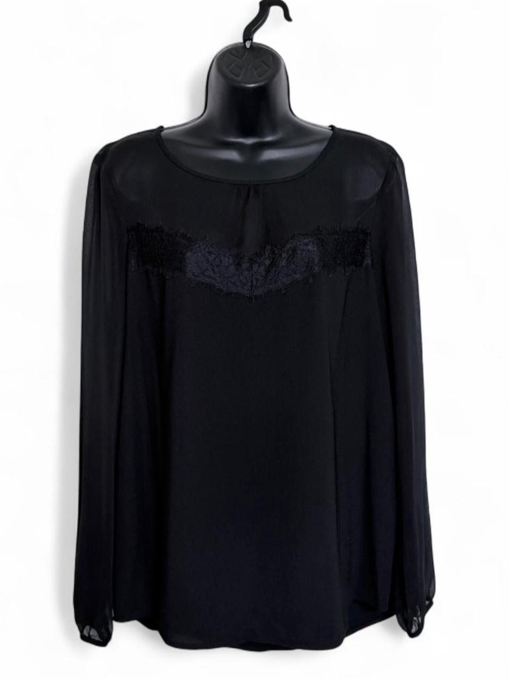 L Apt. 9 Black Delicate Lace-Trim Long Sheer Sleeve Blouse Scoop Neck